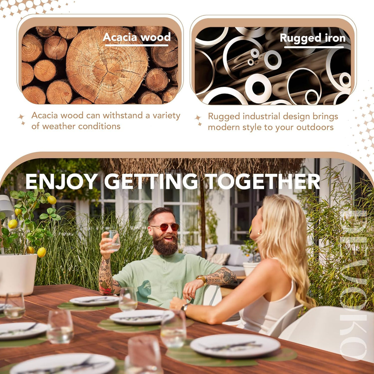 Devoko Home Acacia Wood Dining Table 6-Person Indoor Outdoor Table with Iron Legs, Sandblast Finish, Natural Stained, Rustic Metal, 69 * 33 * 30 inch (Walnut Brown)