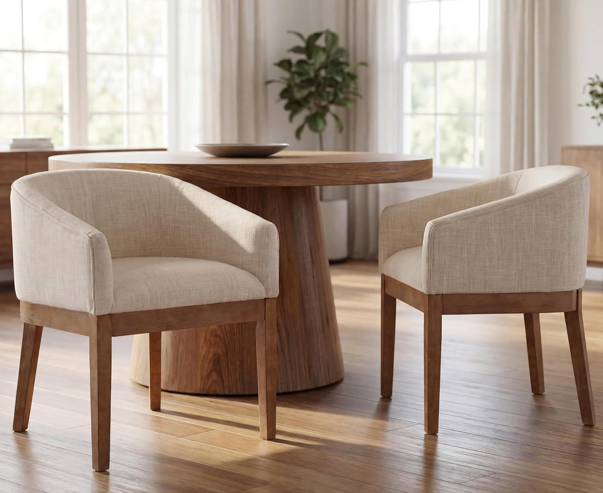 RIVOVA Beige Mid Century Modern Dining Chairs Set of 4, Farmhouse Linen Upholstered Accent Curved Backrest Kitchen Chairs Armchairs with Natural Wood Legs, Beige