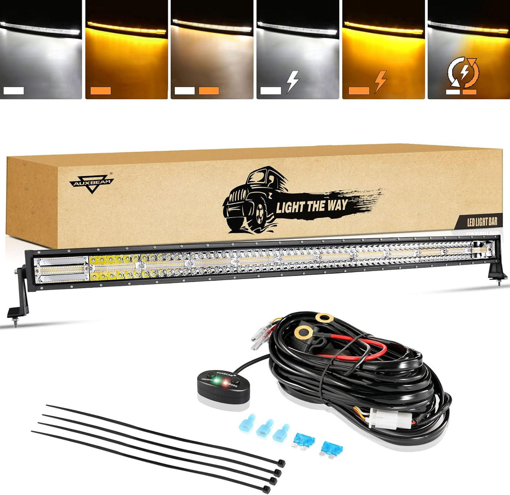 Auxbeam 50 Inch LED Light Bar, 288W Curved Amber White Strobe Lights, 6 Modes Spot Flood Combo Beam Fog Memory Reset Function Driving Light with Wiring Harness Kit for Car Jeep Off Road SUV UTV ATV