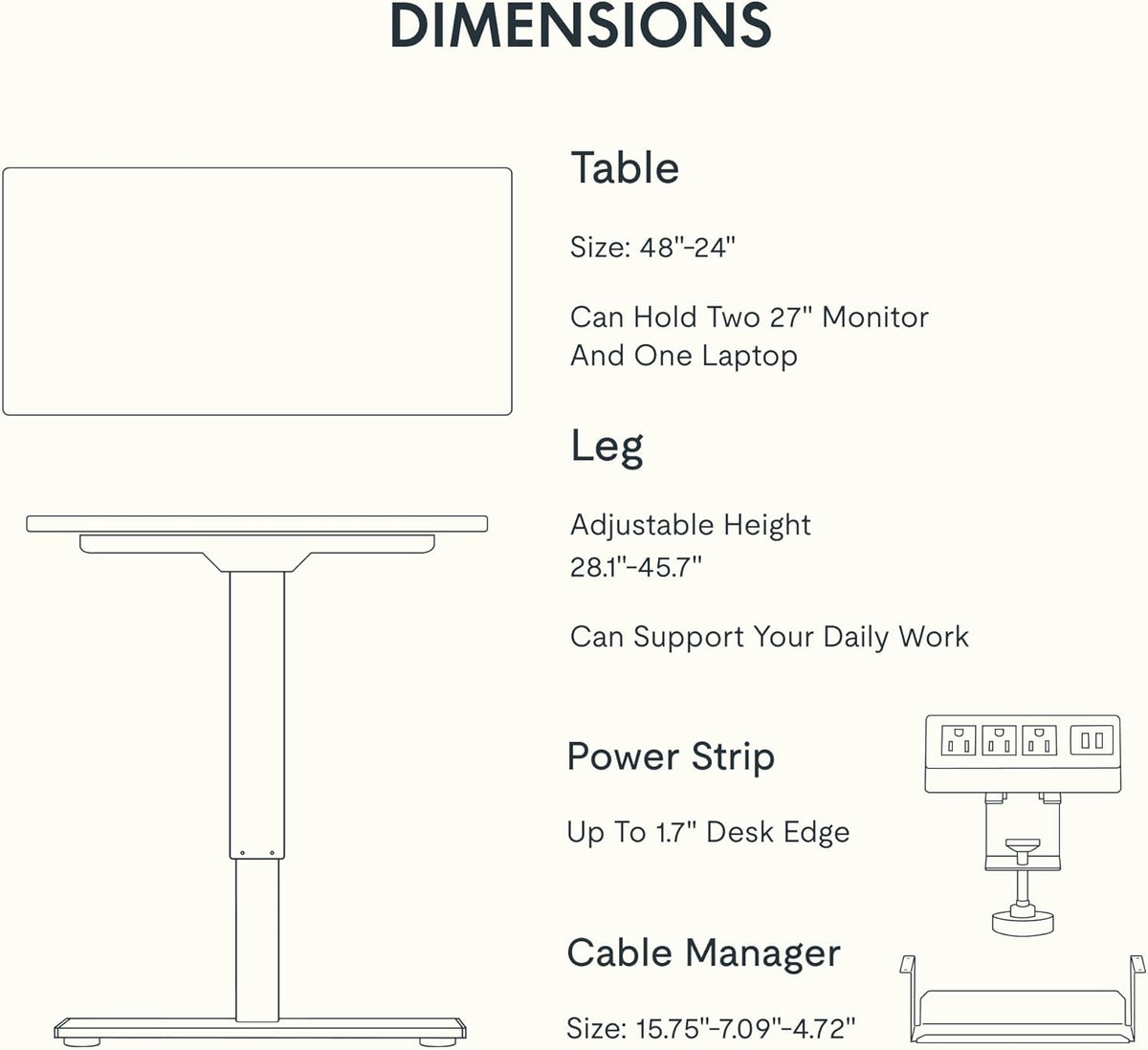 FLEXISPOT EN2 Whole-Piece Standing Desk with Clamp Power Strip, 48x24 Electric Stand Up Height Adjustable Desk with Cable Management (White Frame + 48" White Top)