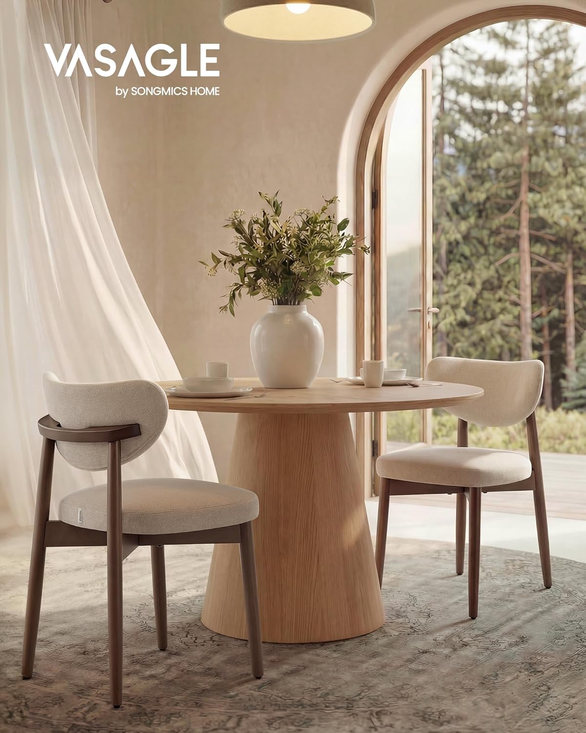 VASAGLE Wooden Dining Chairs Set of 2, Upholstered Kitchen Chairs with Solid Wood Legs, Ergonomic Curved Backrest, Built-in Handle, Mid Century Modern, for Kitchen Dining Vanity, Cappuccino Beige