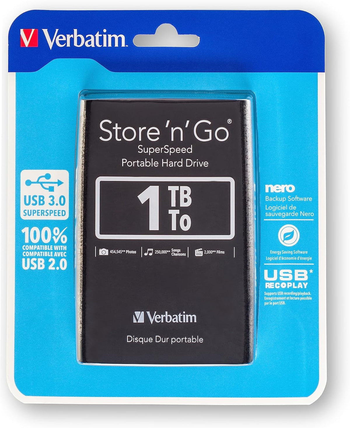 Verbatim 53023 1TB Store 'n' Go USB 3.0 2.5 Inch External Hard Drive - Black