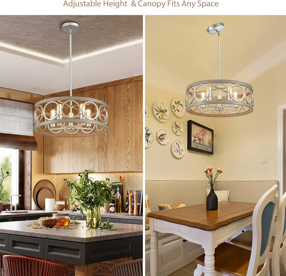 Dining Room Chandelier Over Table 22" Drum Modern Farmhouse Pendant Light Fixture for Living Room Kitchen Island Bedroom, Metal Rustic Round Brushed Nickel Wood Grain Finish Hanging 5-Light