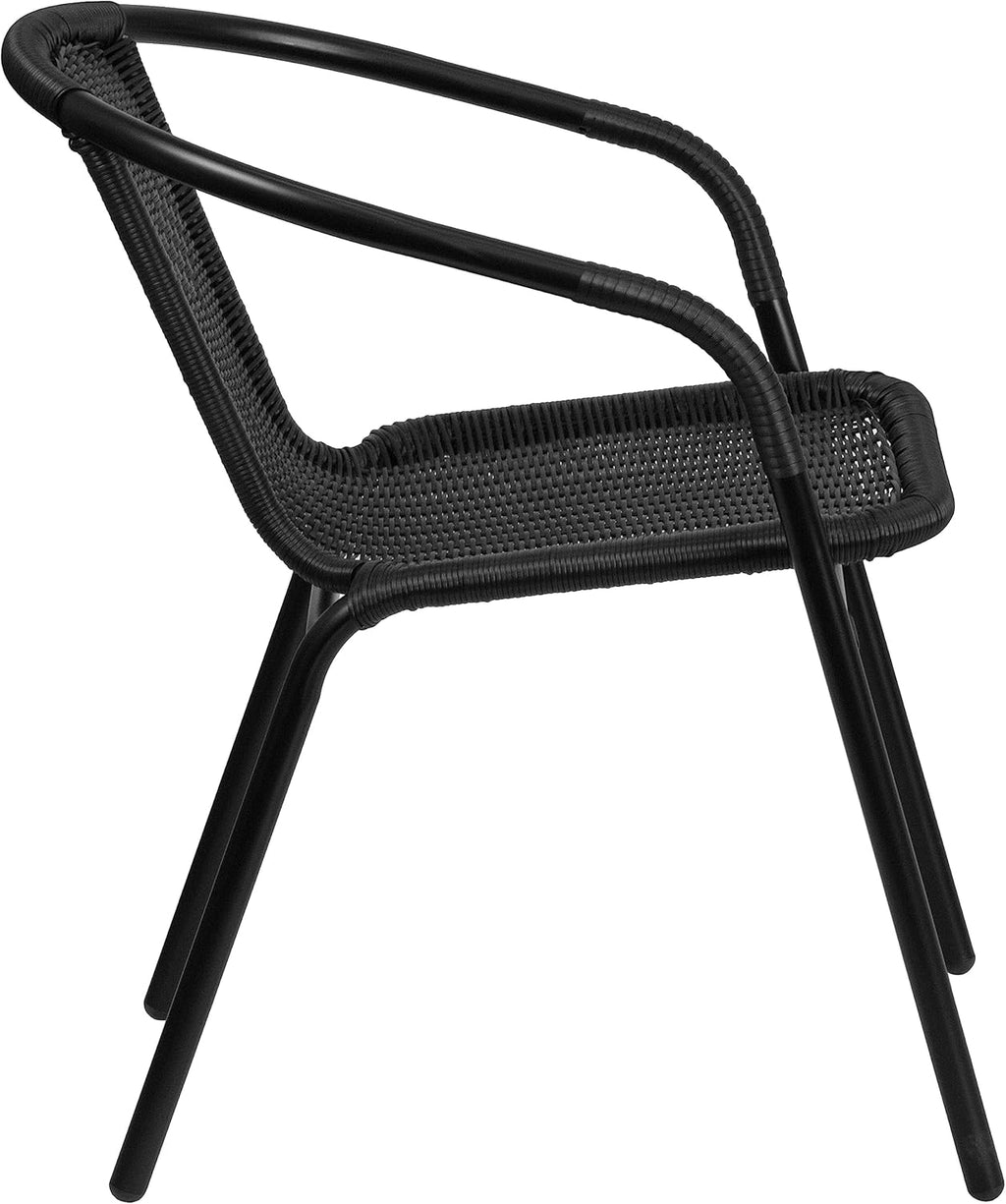 Flash Furniture Lila Modern Rattan Indoor/Outdoor Stackable Dining Chairs, Stacking Rattan Bistro Chairs for Patio or Restaurant, Set of 4, Black