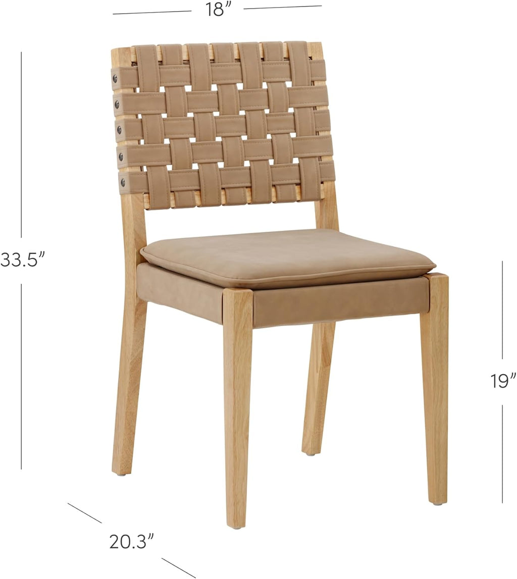 Nathan James Cohen Wood Dining Chair, Mid-Century Modern Upholstered Side Chair with Hand Woven Faux Leather Backrest, Natural Brown, Set of 2