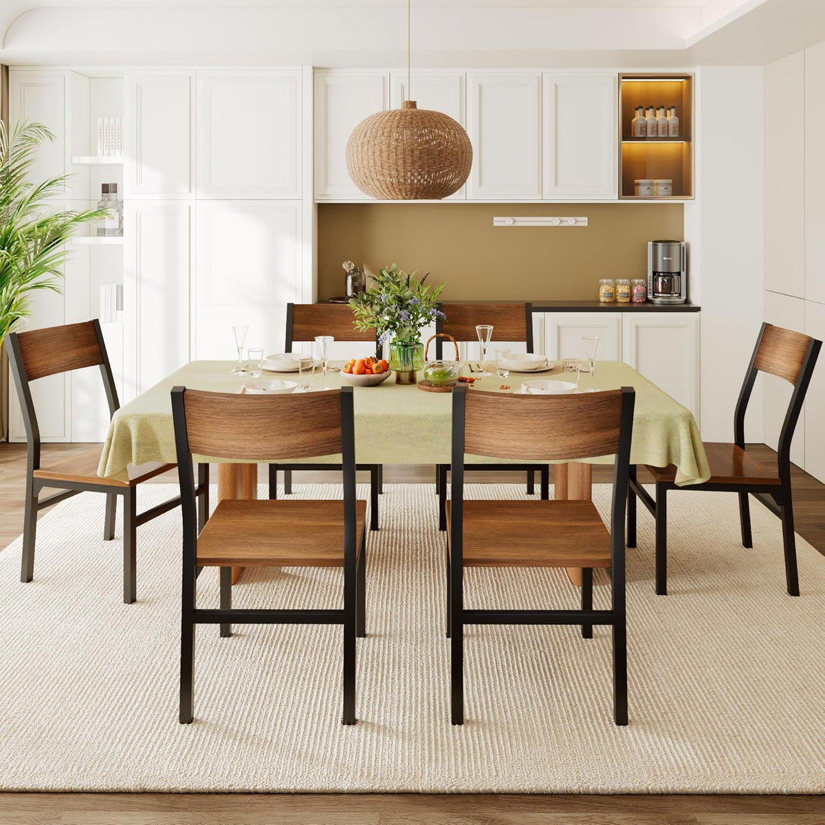 Feonase Dining Chairs Set of 6, Modern Kitchen Chairs with Ergonomic Backrest, MDF Board and Metal Legs, Dinner Chairs for Dining Room, Kitchen and Living Room, Walnut