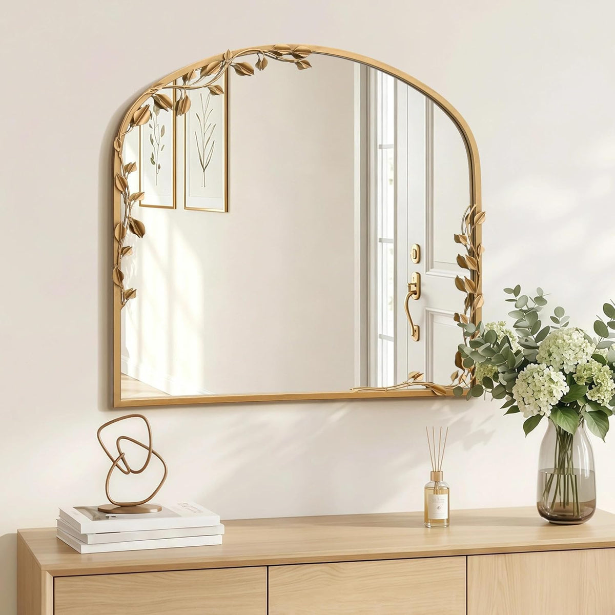 Besdomus Arched Wall Decorative Mirror: 32"x30" Ornate Brass Gold Wall Mirror - Arch Metal Framed with Vine Decorative - Modern Farmhouse for Bathroom/Fireplace/Entryway/Living Room