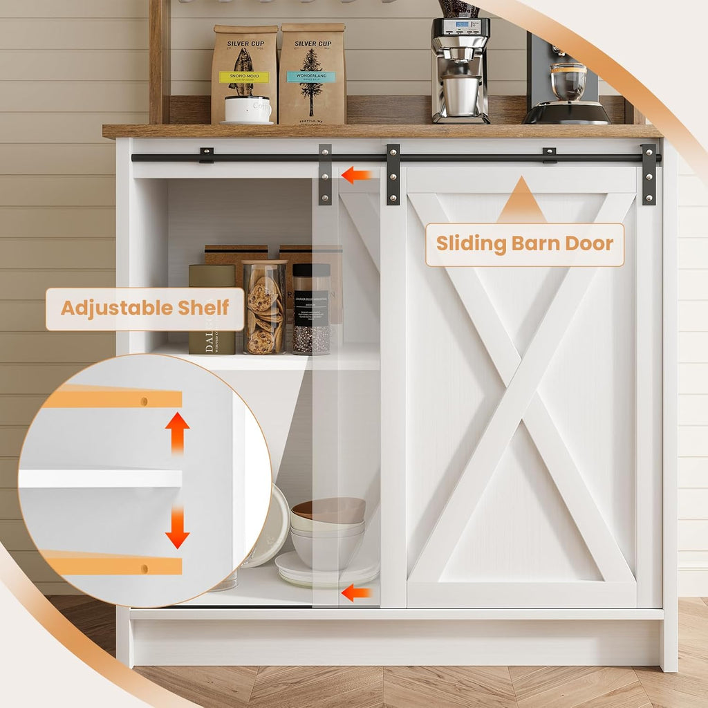 Farmhouse Coffee Bar with Hutch, White Coffee Bar Cabinet with Storage Sliding Barn Door, 31 Inch Buffet Cabinet with 6 Hooks, Coffee Bar Table with Adjustable Shelves for Living Dining Room
