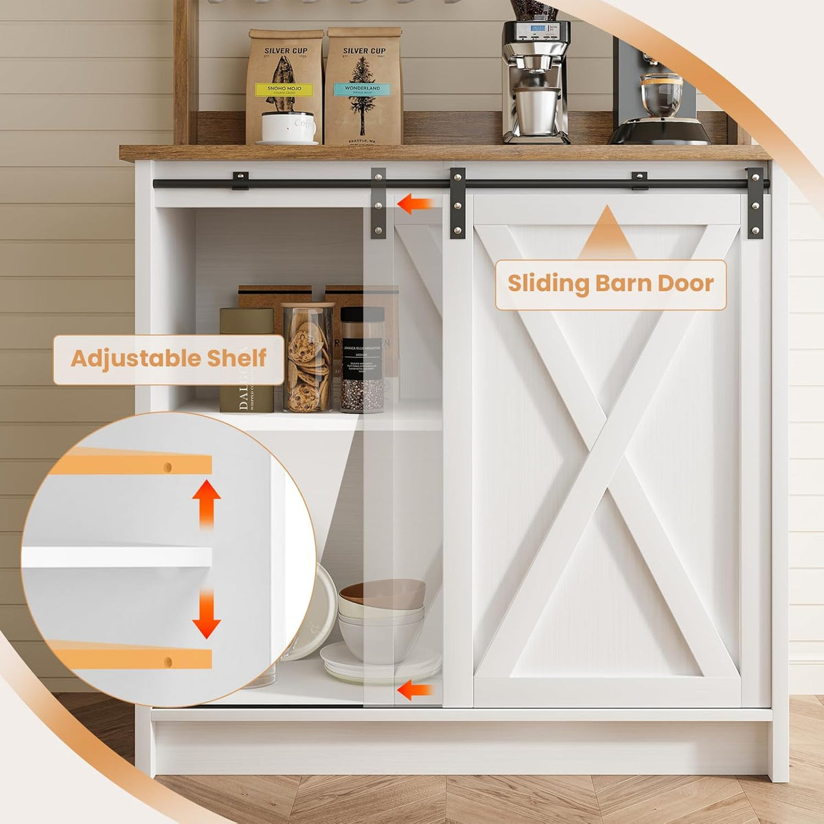 Farmhouse Coffee Bar with Hutch, White Coffee Bar Cabinet with Storage Sliding Barn Door, 31 Inch Buffet Cabinet with 6 Hooks, Coffee Bar Table with Adjustable Shelves for Living Dining Room