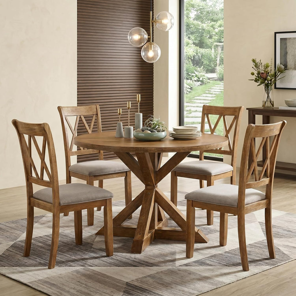 Roundhill Furniture Windvale Cross-Buck Wood 5-Piece Dining Set, Brown