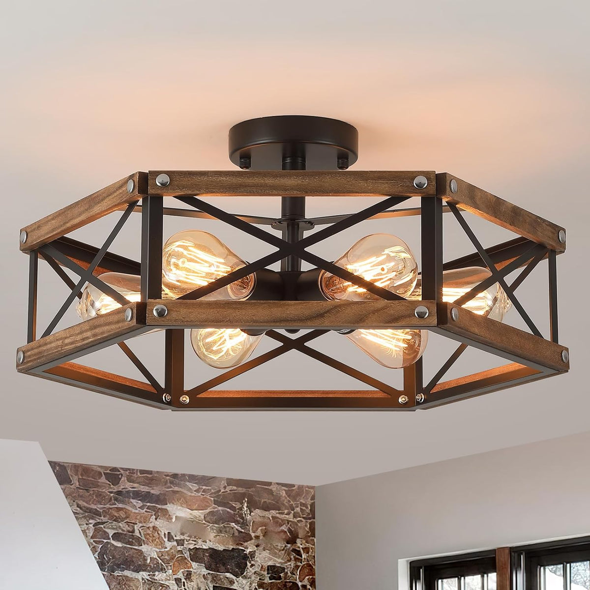 6-Light Large Rustic Farmhouse Wood Flush Mount Ceiling Light Fixture 20 inch Oak Wood and Metal Cage Semi Flush Mount Ceiling Light for Hallway Entry Dining Farmhouse Bedroom Living Room, Black