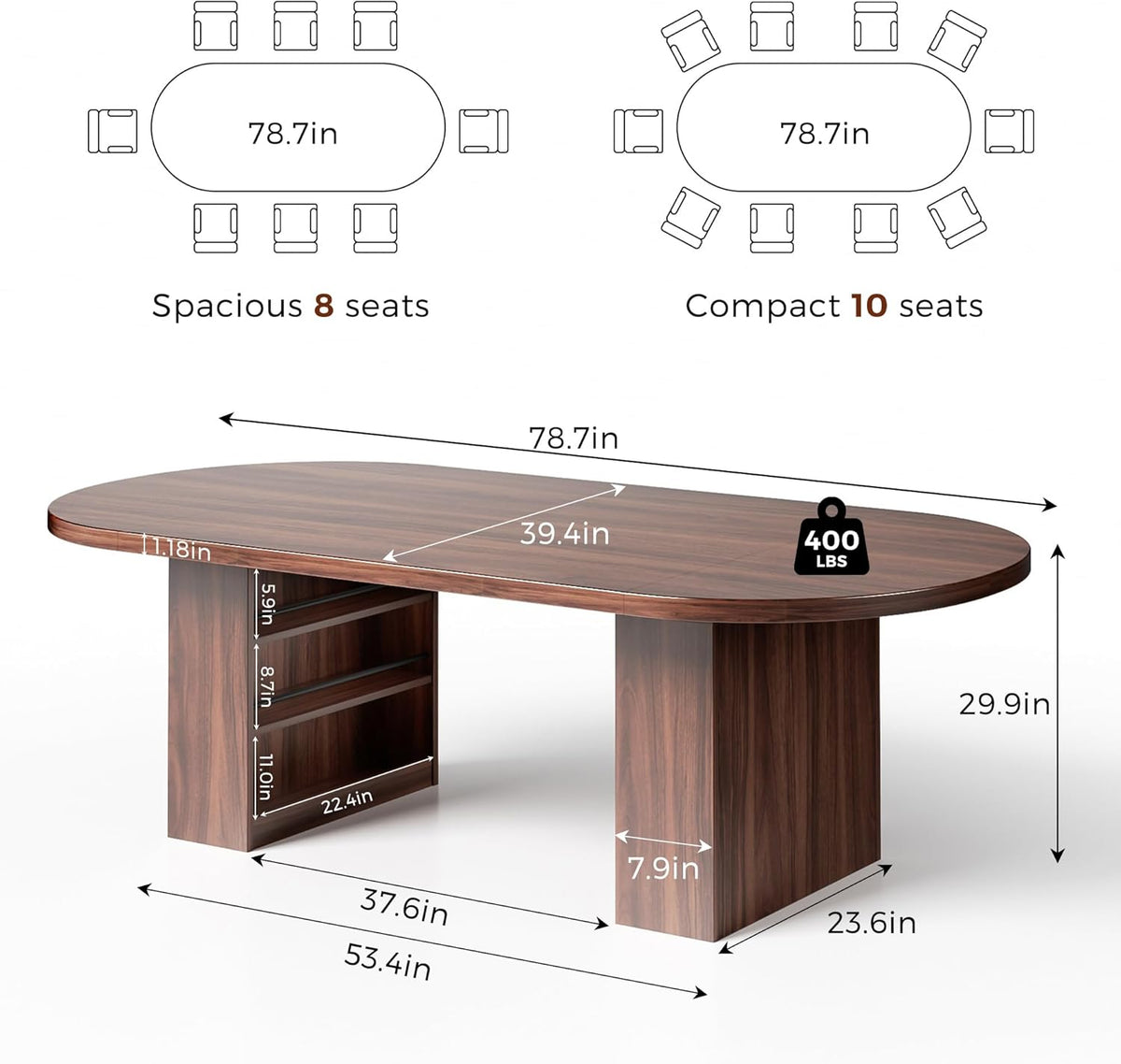 Jocoevol 78.7" Oval Dining Table for 8-10, Modern Dining Room Table with 3-Tier Storage Shelf, Wood Dinner Tables with Heavy Duty Pedestal Base for Kitchen Living Room - Walnut