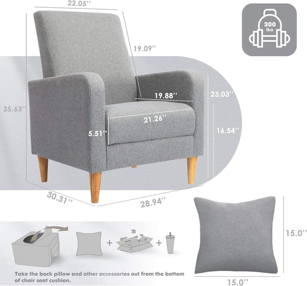 COLAMY Mid-Century Modern Upholstered Accent Chair with Back Pillow & Solid Wood Legs, Fabric Cozy Armchair for Living Room, Bedroom, Reading Nook, Apartment & Small Spaces, Lightgrey