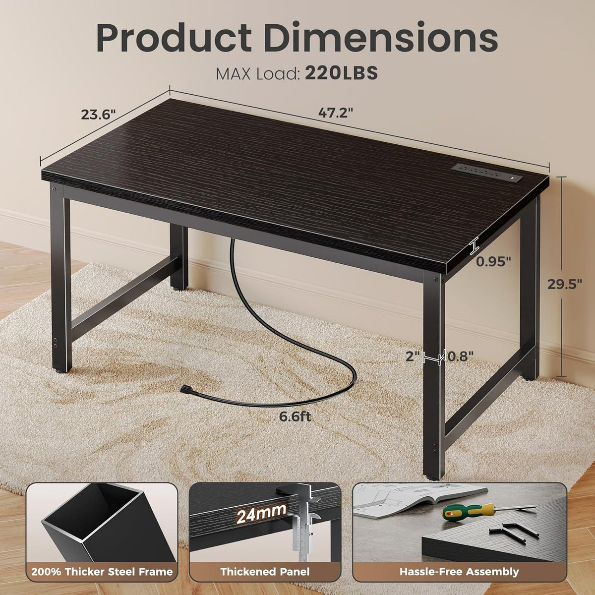 Huuger 48 x 24 inch Desk with Power Outlets & USB-C, Deeper & Thicker Desktop, Robust Metal Tubes, Computer Desk, Heavy Duty Office Desk, Work Gaming Desk for Home Office, Black