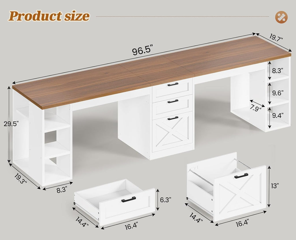 SEDETA Farmhouse 96.5" Computer Desk with Drawers, 2 Person Home Office Desk, Gaming Double Desk with Storage Shelves, Long Two Person Writing Desk (White and Brown)