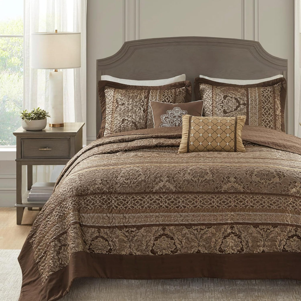 Madison Park Bellagio Reversible Quilted Bedspread Set, Solid Reverse Summer Breathable, Lightweight All Season Bedding Layer, Matching Shams, Bedspread King(120"x118"), Brown 5 Piece
