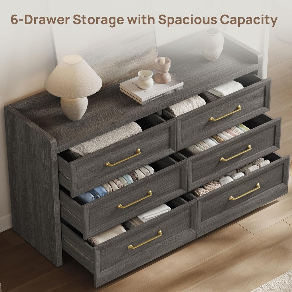 SICOTAS 6 Drawer Dresser for Bedroom-56.4" Extra-Wide Wooden Chest of Drawers with Large Storage, Long Dresser TV Stand with Drawers, Modern Closet Dressers for Nursery Living Room, Dark Grey Oak