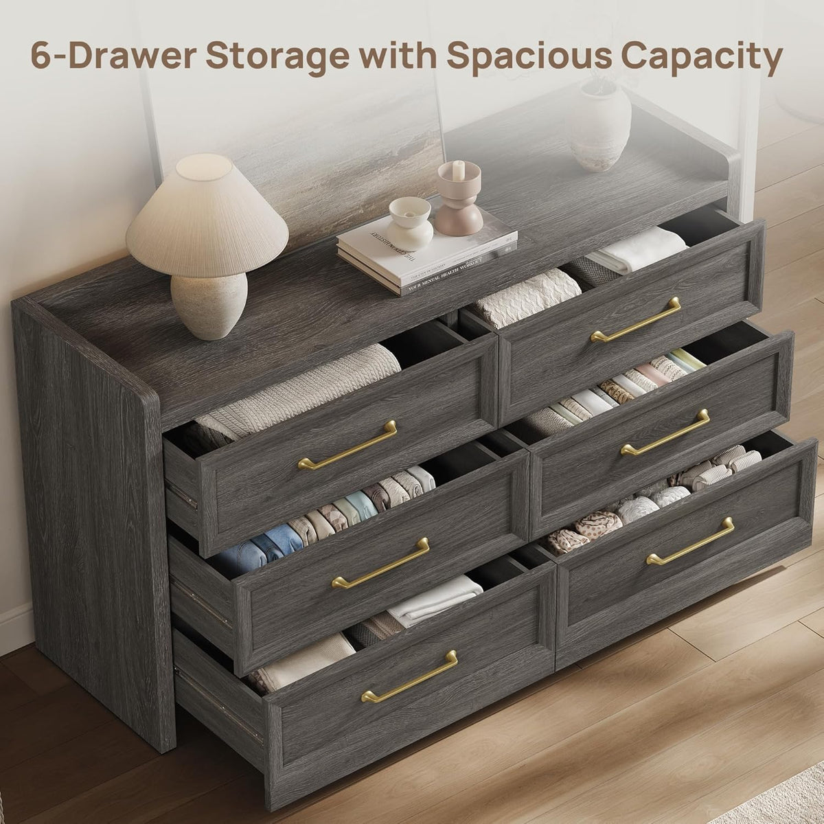 SICOTAS 6 Drawer Dresser for Bedroom-56.4" Extra-Wide Wooden Chest of Drawers with Large Storage, Long Dresser TV Stand with Drawers, Modern Closet Dressers for Nursery Living Room, Dark Grey Oak