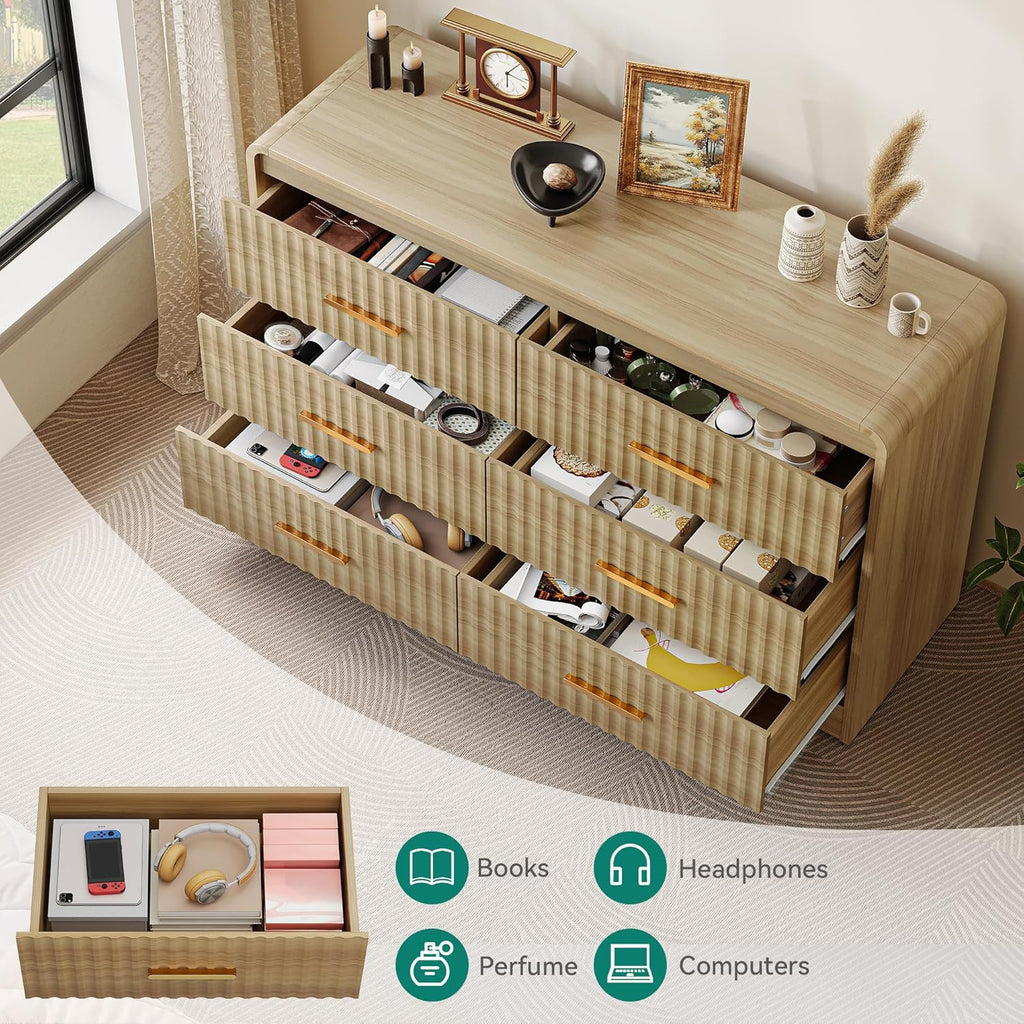 YITAHOME 6-Drawer Dresser with Built-in Power Outlet, Wood TV Stand with 6 Large Drawers and Bar Handles, White Dresser Chest of Drawers for Living Room, Hallway, Entryway