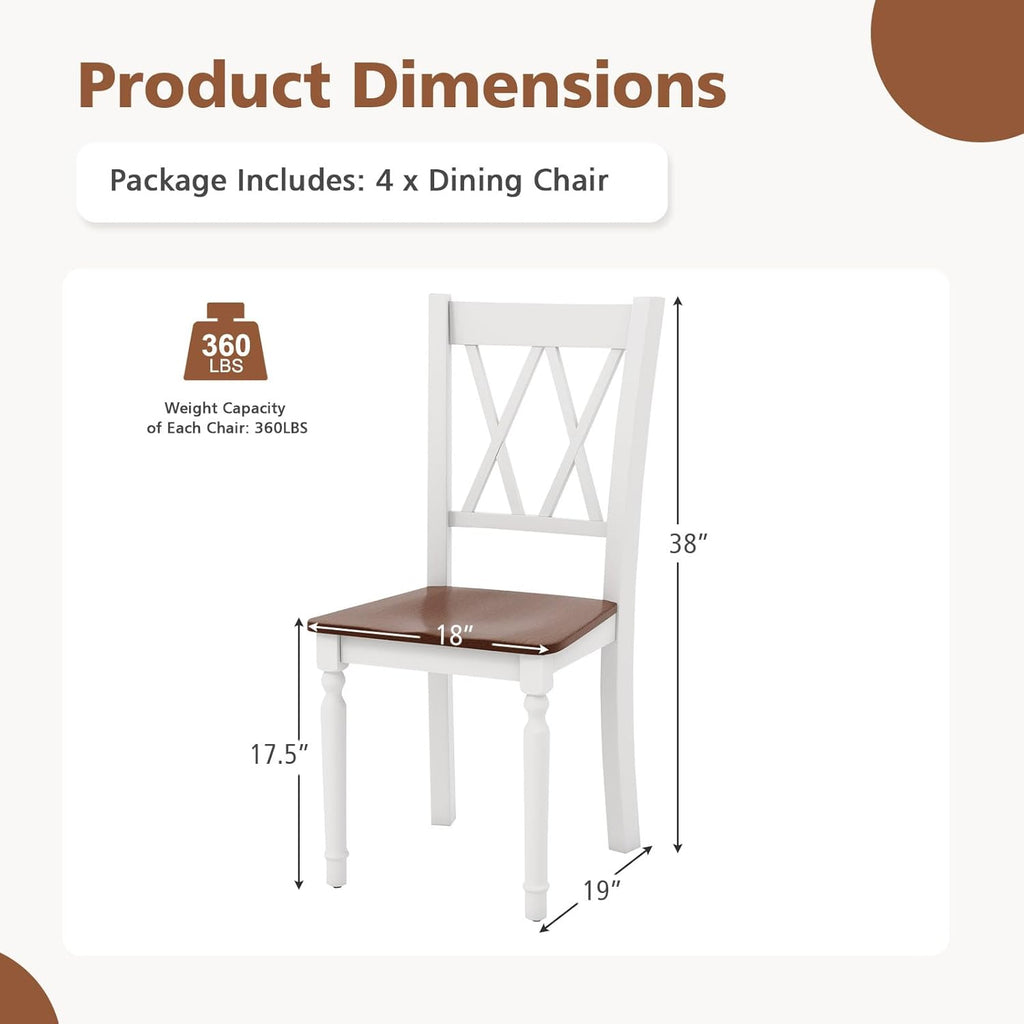 Giantex Dining Room Chairs Set of 4 White - Wooden Farmhouse Kitchen Chairs with Rubber Wood Seat, Acacia Wood Legs, Max Load 360 Lbs, Heavy Duty Wood Armless Dining Chairs with High Back