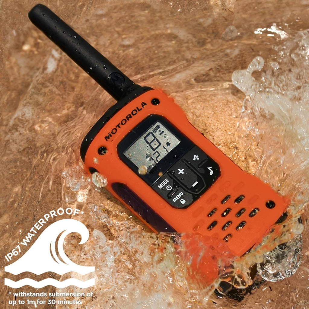 Motorola Solutions, Portable FRS, T605_H2O, Talkabout, Two Way Radios Waterproof Walkie Talkie Emergency Preparedness, Rechargeable, 22 Channel, 35 Mile, Orange W/Black, 2 Pack