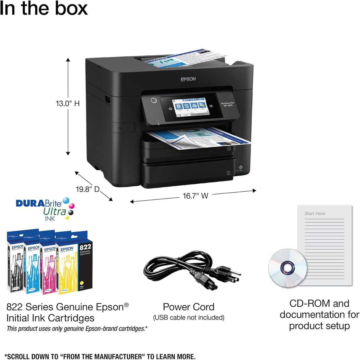 Epson Workforce Pro WF-4833 Wireless All-in-One Color Inkjet Printer, Black - Print Scan Copy Fax - 25 ppm, 4800 x 2400 dpi, 4.3" Touchscreen, Auto 2-Sided Printing, 50-Sheet ADF, 500-Sheet, Ethernet