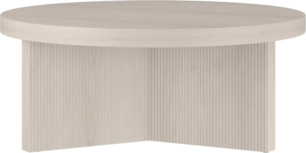 Henn&Hart 36" Fluted Round Low-Profile Coffee Table with Ribbed Pedestal Base for Living Room, Family Room, or Office, Beech White