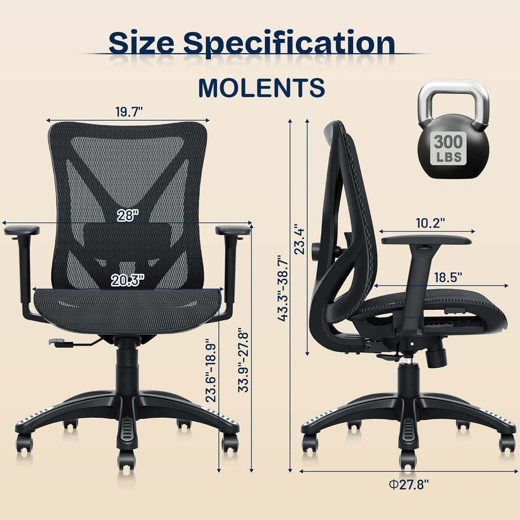 Ergonomic Office Chair, Mesh Computer Desk Chairs with Adjustable Lumbar Support, 3D Armrests, Tilt Function, Comfy Wide Seat, Swivel Executive Work Task Chair for Company and Home