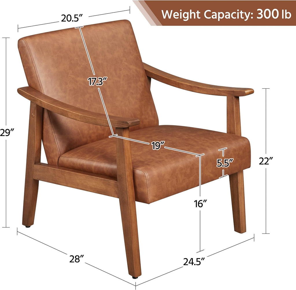 Yaheetech PU Leather Accent Chair, Mid-Century Modern Armchair with Solid Wood Legs, Reading Leisure Chair for Living Room Bedroom Waiting Room, Light Brown, Set of 2
