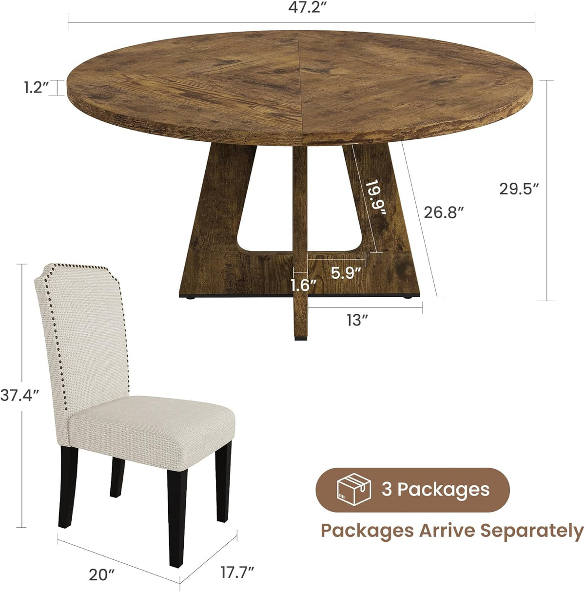 Round Dining Table with 4 Chairs, 5 Piece Farmhouse Dining Table Set, Space-Saving Kitchen Table Set for 4-6, Rustic MDF Dining Table + 4 Upholstered Dining Chairs with Faux Linen Fabric & Wood