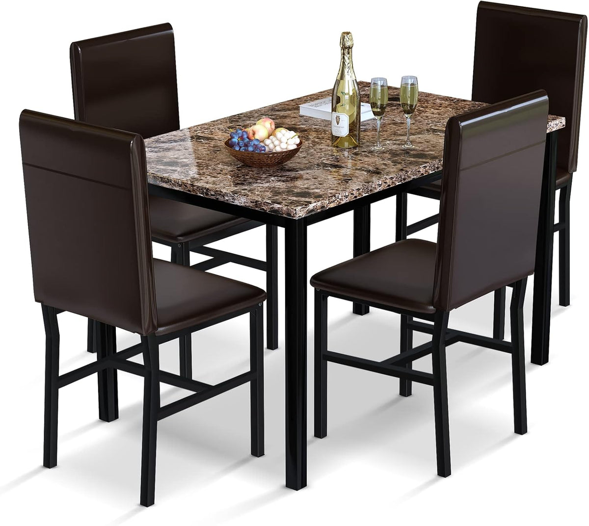 AWQM 5 Piece Dining Table Set for 4,Faux Marble Kitchen Table and Chairs for 4, Modern Dining Room Table with 4 Chairs,Dinner Table Set for Small Spaces, Brown