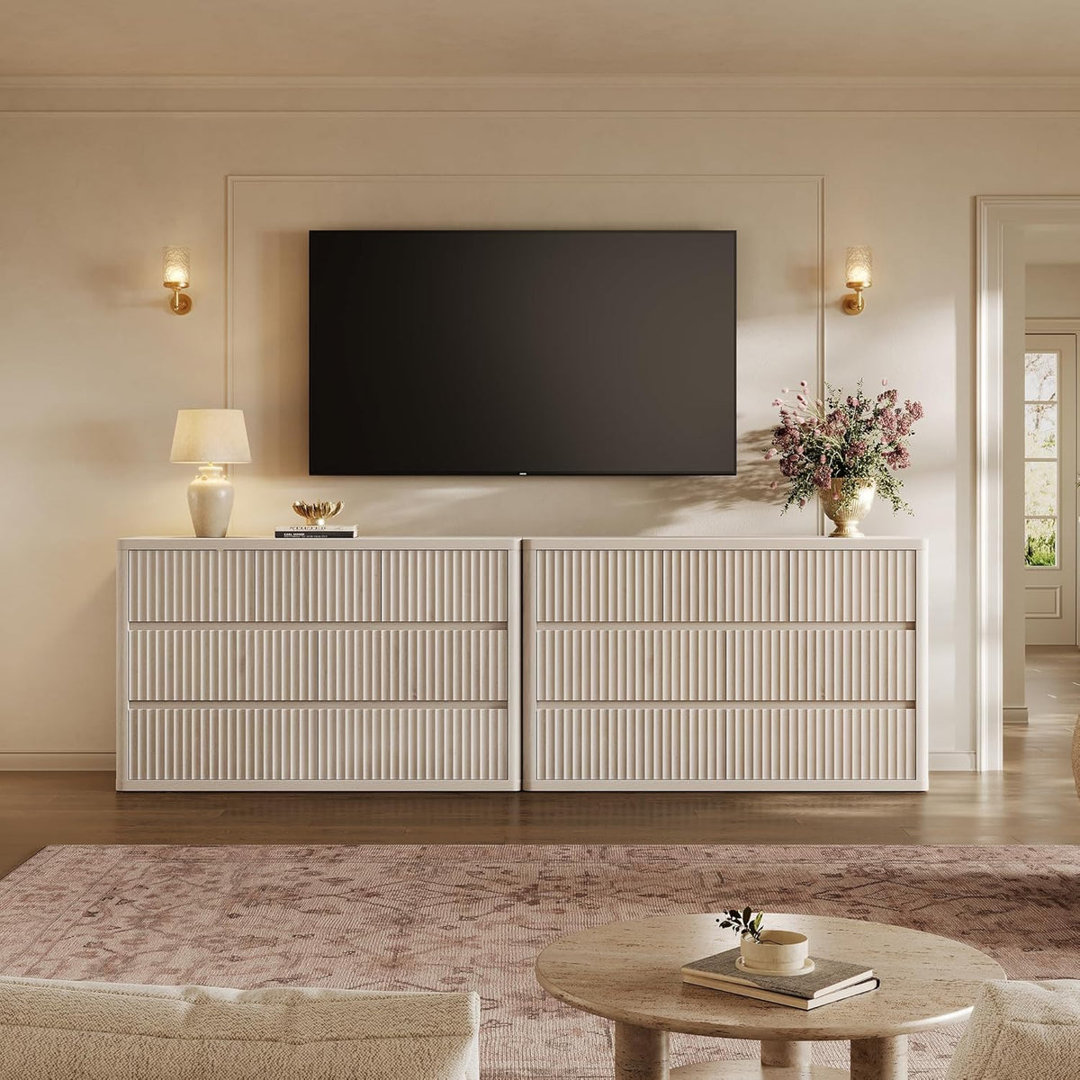 SICOTAS Dresser for Bedroom with 7 Drawers 53.5" Large Fluted Dresser TV Stand Modern Bedroom Dressers & Chests of Drawers Horizontal Wooden Dressers Storage Organizer for Hallway Closet Entryway