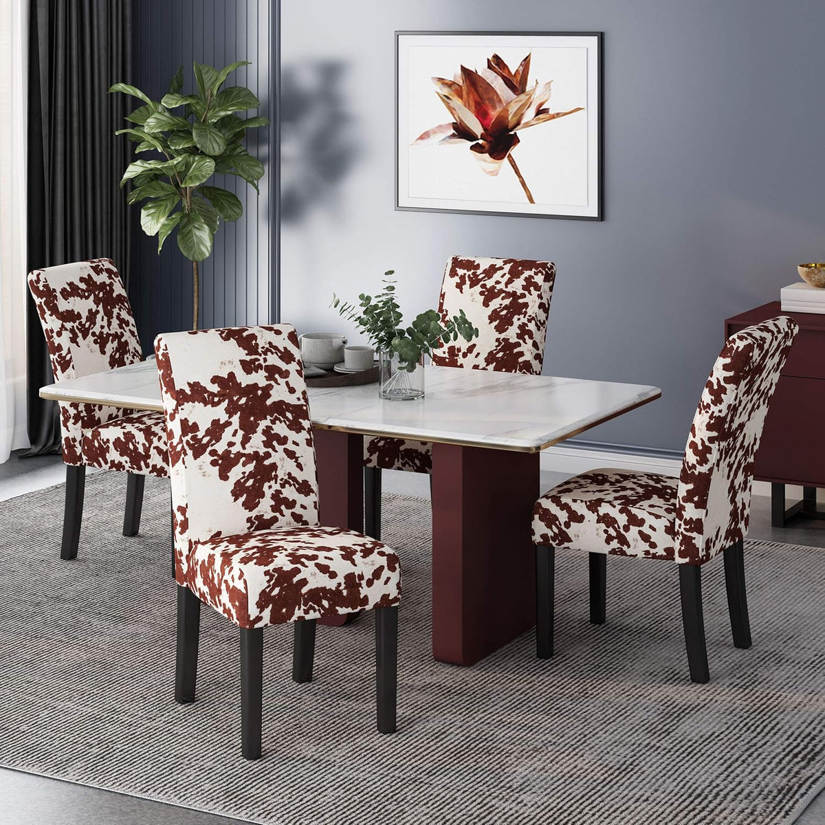 Evelyn Contemporary Velvet Dining Chairs (Set of 4), Cow Print