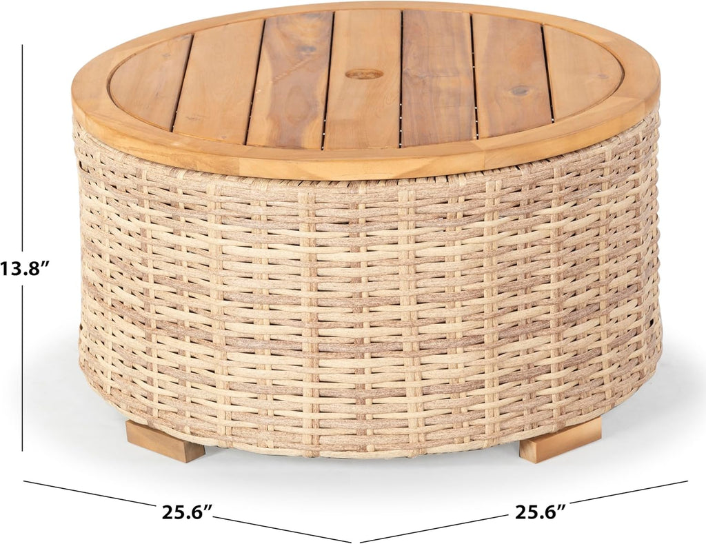 SAFAVIEH Couture Outdoor - Anguilla Round Wicker Coffee Table - Solid Wood and Aluminum - Coastal Woven Design - Ideal for Patio, Deck, Porch, Backyard, 25.6"W x 25.6"D x 13.8"H (CPT2103A)
