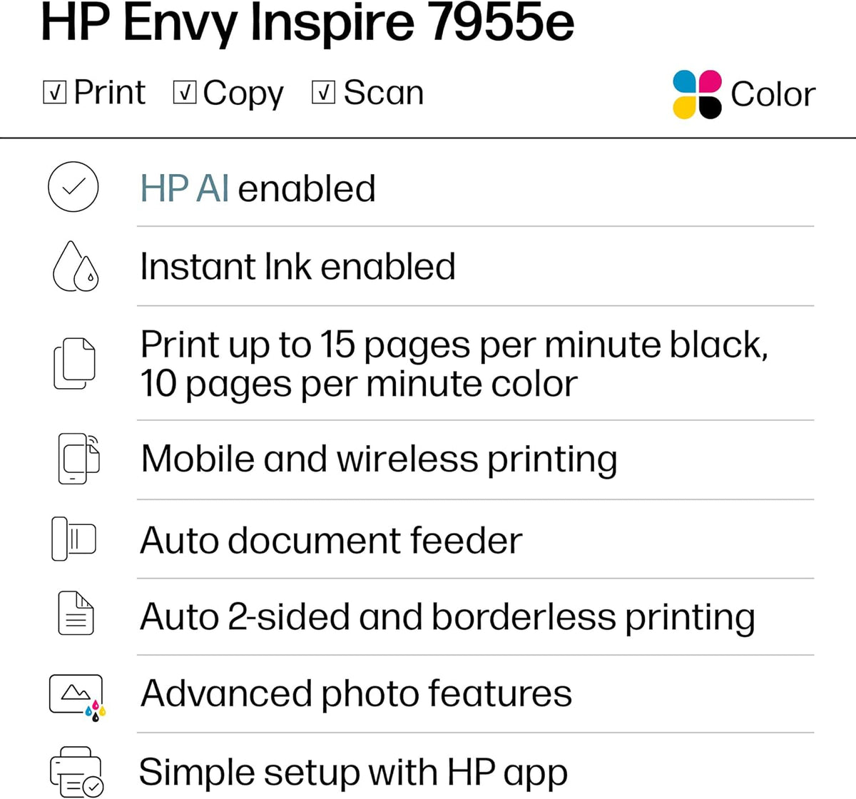 HP Envy Inspire 7955e Wireless Color Inkjet Printer, Print, scan, copy, Easy setup, Mobile printing, Best-for-home, 3 month Instant Ink trial included, AI-enabled (1W2Y8A)
