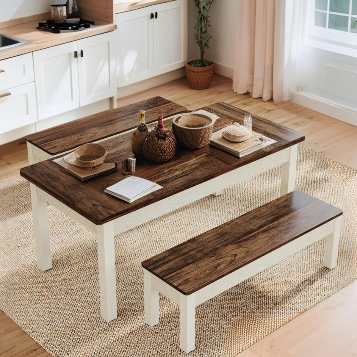 Tribesigns Farmhouse Kitchen Table Set for 4-6, 55-Inch Wooden Dining Table with 2 Benches, Space Saving 3 Pieces Heavy Duty Dinette for Dining Room, Kitchen, Small Space