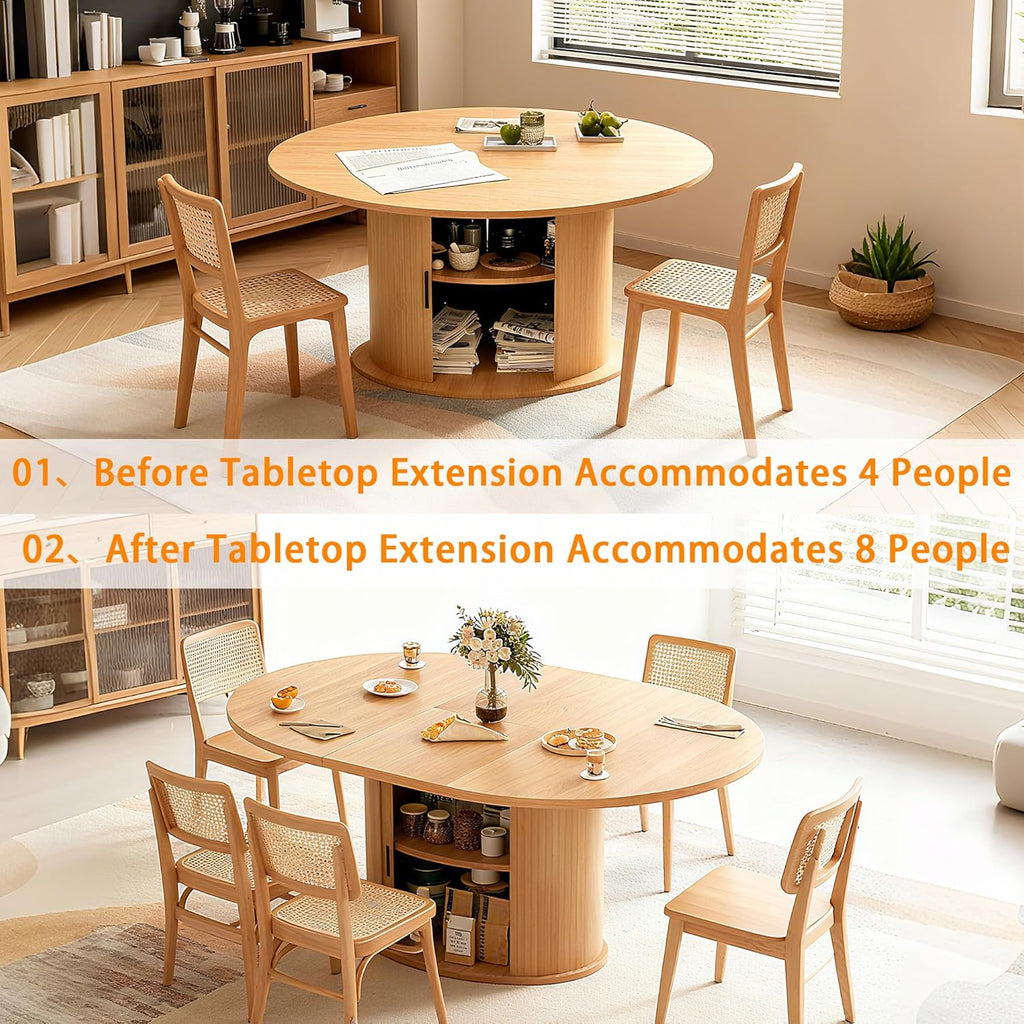 Wildhome Extendable Round Dining Table for 2-4-6, 63 Inch Dining Room Kitchen Table with 2-Tier Storage Shelf, Modern Farmhouse Fluted Wood Slide Door Dinner Furniture,Oval Circle (Oak-63 Inch)