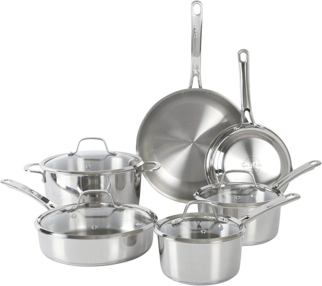 Sur La Table Kitchen Essentials Chef's Deck 10 Piece Stainless Steel Non Toxic Pots and Pans Kitchen Cookware Set w/Triply Encapsulated Base - Induction Safe