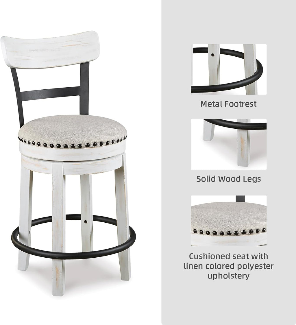 Signature Design by Ashley Valebeck Barstool, Rustic-Industrial Counter Height Chair, 360° Swivel, Wood & Metal Frame, Cushioned Seat, Ideal for Kitchen Island with Seating, Vintage White