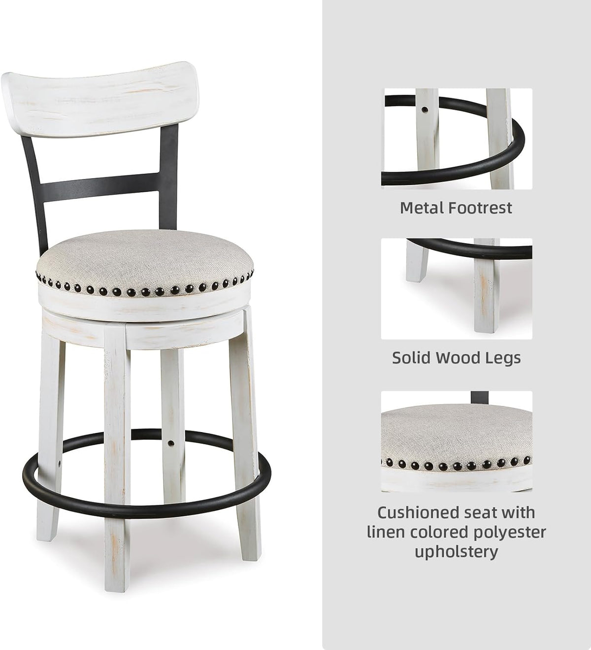 Signature Design by Ashley Valebeck Barstool, Rustic-Industrial Counter Height Chair, 360° Swivel, Wood & Metal Frame, Cushioned Seat, Ideal for Kitchen Island with Seating, Vintage White