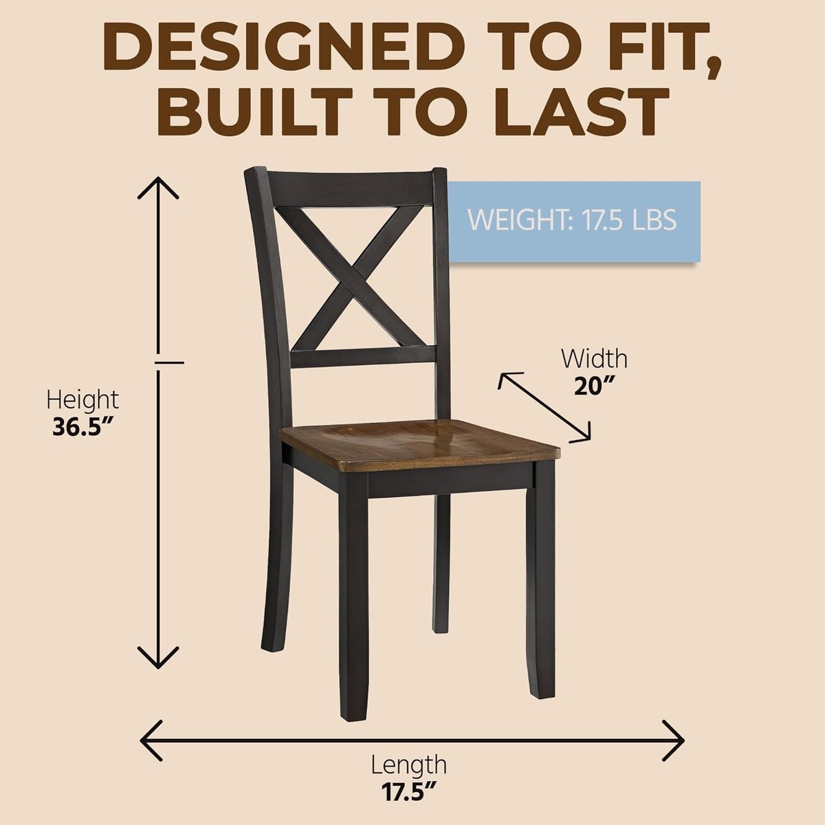 ROME + OAK X-Back Farmhouse Wooden Armless Dining Chairs in Black/Dark Brown, Set of 2 - Indoor Home Kitchen Seating Furniture
