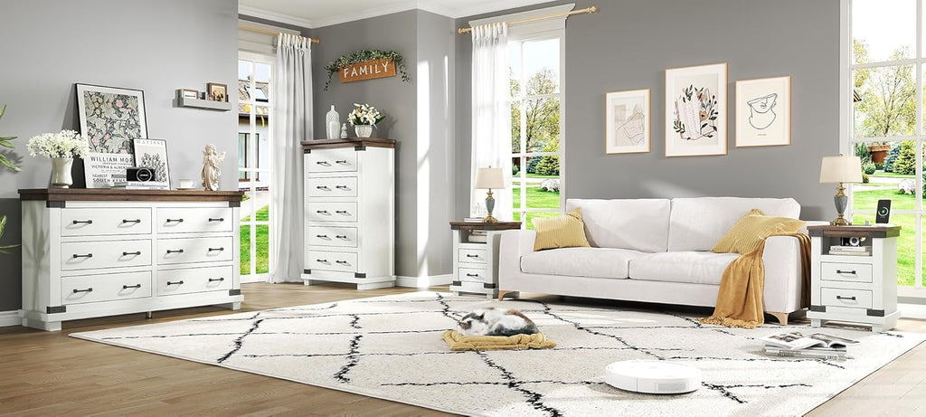 AMERLIFE Farmhouse 6 Drawer Wide Dresser for Bedroom, Large Wood Chest of Drawers with Thick Plank Top, Rustic Heavy Duty Storage Cabinet for Living Room or Hallway, Antique White