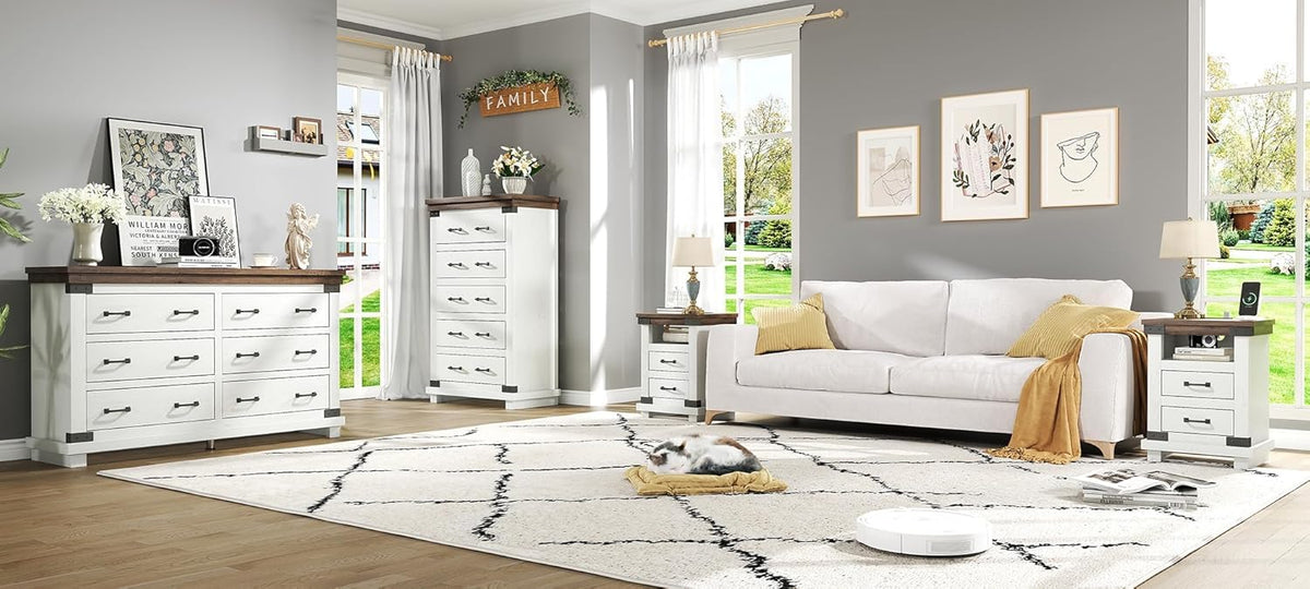 AMERLIFE Farmhouse 6 Drawer Wide Dresser for Bedroom, Large Wood Chest of Drawers with Thick Plank Top, Rustic Heavy Duty Storage Cabinet for Living Room or Hallway, Antique White