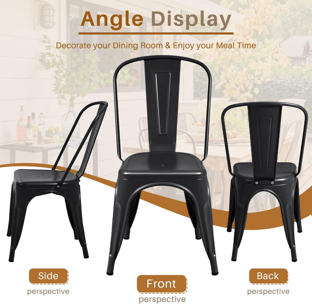 Furmax Metal Dining Chair Indoor-Outdoor Use Stackable Classic Trattoria Chair Chic Dining Bistro Cafe Side Metal Chairs Set of 4 (Black)