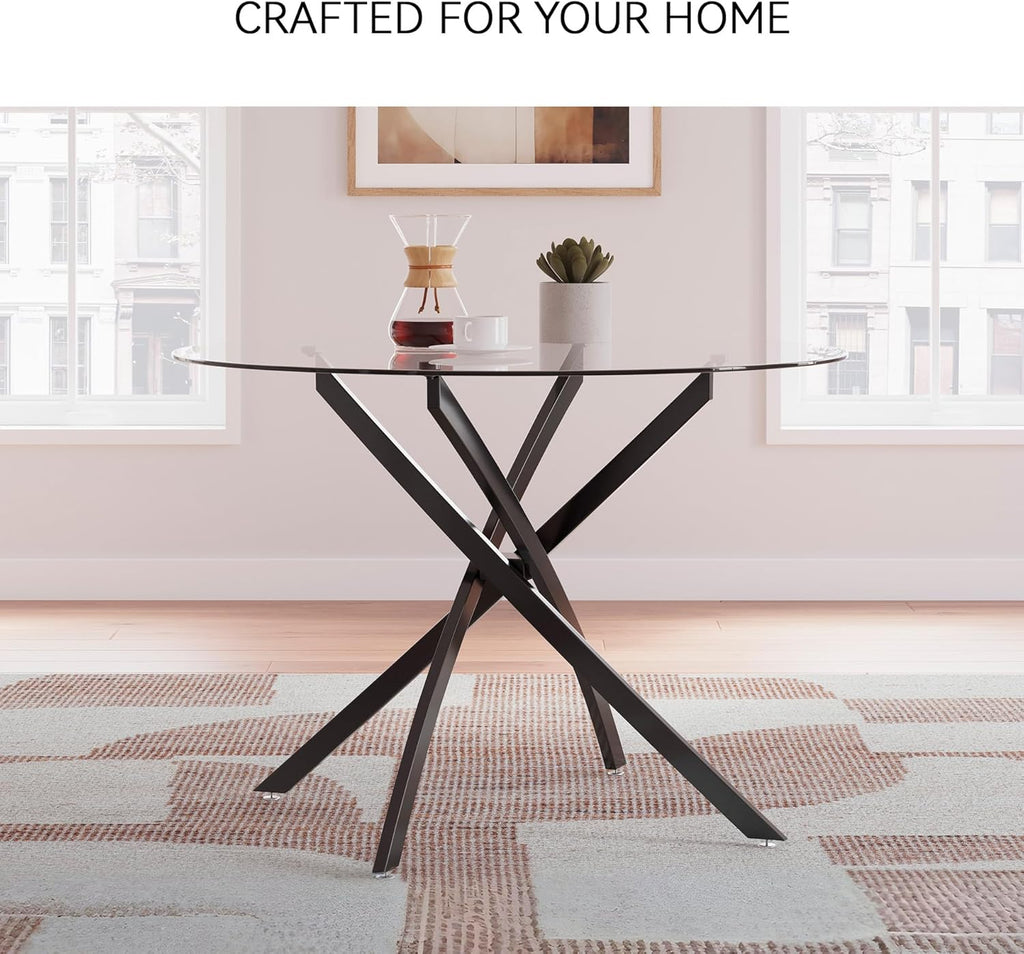 Signature Design by Ashley Pharwynn Modern Glass Tabletop Dining Table with Cross-Shaped Base, Black