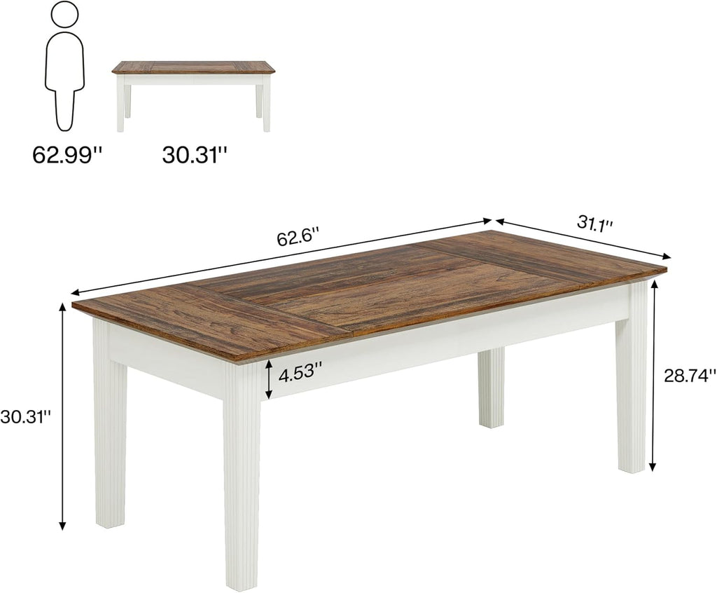 Tribesigns Dining Table for 4-6 People, 62-Inch Rectangular Kitchen Table with Solid Wood Legs, Modern Farmhouse Dinner Table for Dining Room, Kitchen, Living Room, Rustic Brown & Cream White