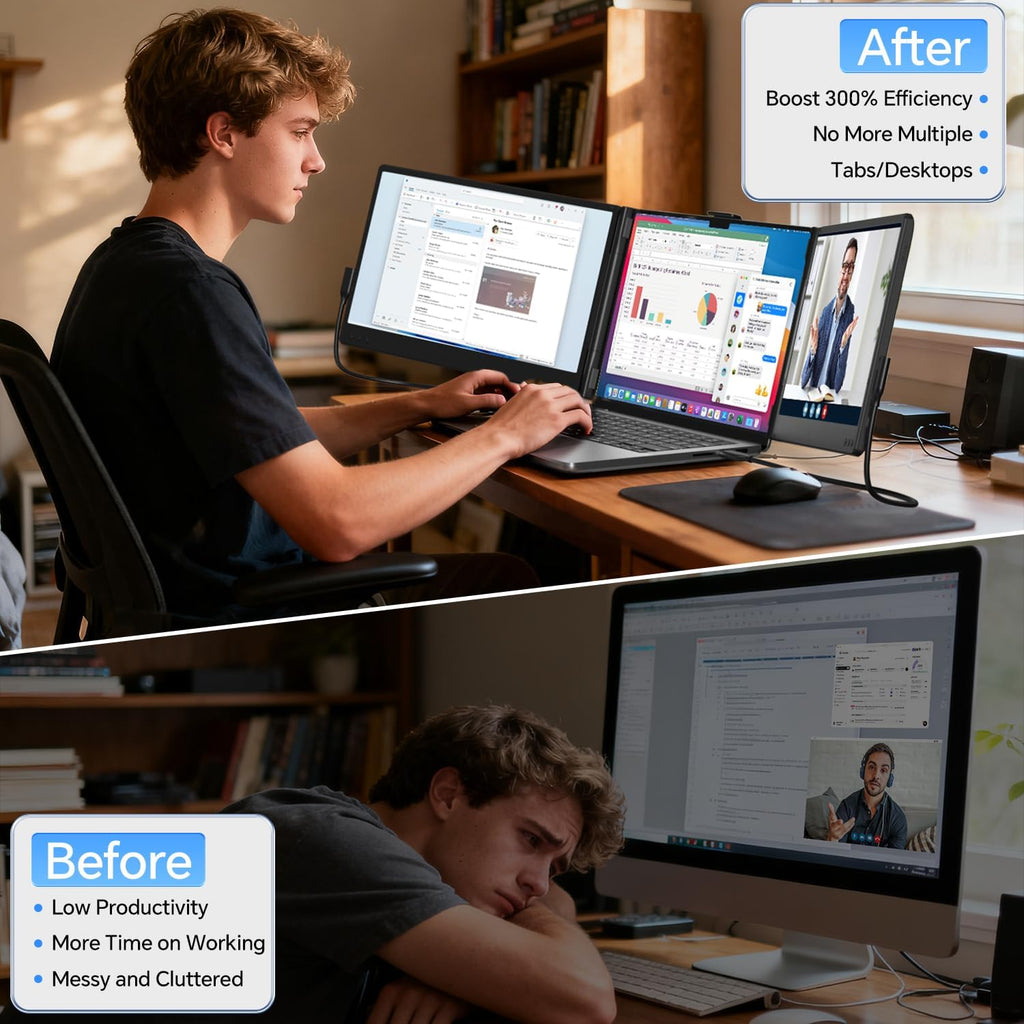 Laptop Screen Extender, 14'' FHD 1080P IPS Portable Monitor for Laptop, Triple Screen Extender Monitor Plug-Play for Mac/Windows/Chrome, Fit 13”-17.3” Laptops