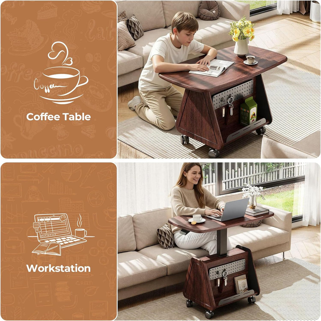 Lift Top Coffee Table with Wheels, 35" × 20" Wooden Dining Center Table with Storage, Hidden Compartment & Pegboard, Small Mid Century Modern Table for Living Room, Dark Wood