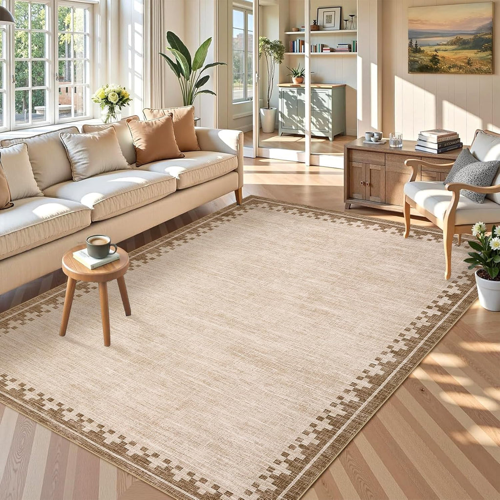 GarveeHome Cross Bordered Large Area Rug 9x12 Machine Washable Non Slip Low Pile Dining Room Carpet Geometric Stain Resistant Living Room Bedroom Home Office Rug, Beige