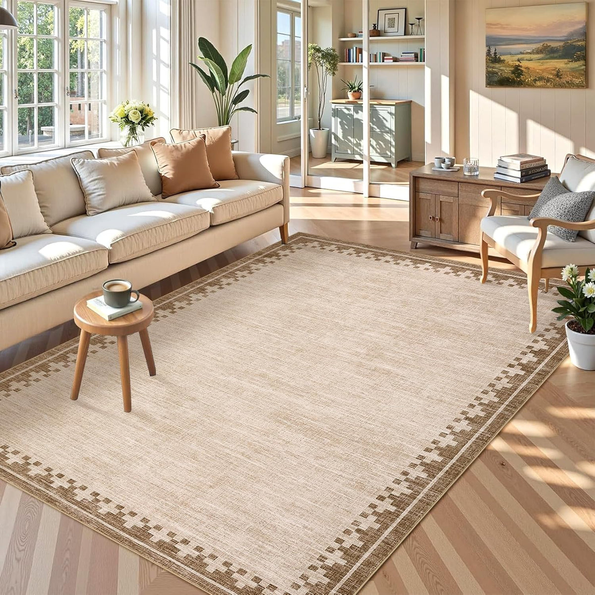 GarveeHome Cross Bordered Large Area Rug 9x12 Machine Washable Non Slip Low Pile Dining Room Carpet Geometric Stain Resistant Living Room Bedroom Home Office Rug, Beige